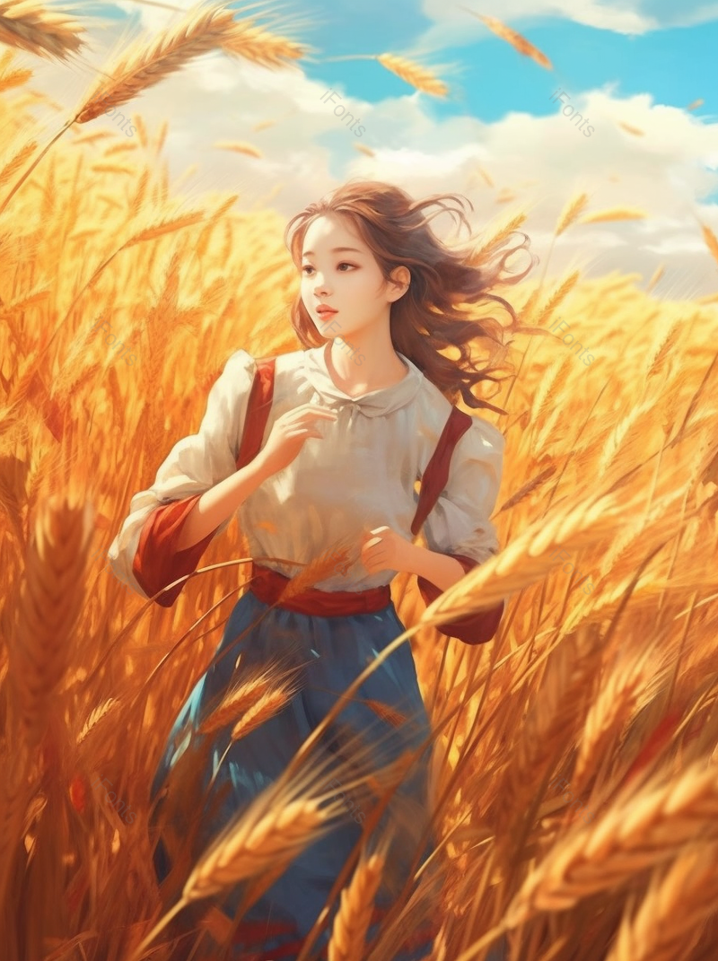 清新长裙女孩麦田蓝天金色秋季丰收竖版插画,插画/手绘图,插画/手绘图库,插画/手绘图下载,插画/手绘